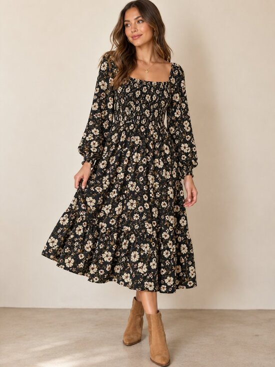 Hayden Los Angeles Dresses & Skirts - Hayden Los Angeles Black Floral Smocked Midi Dress Size M